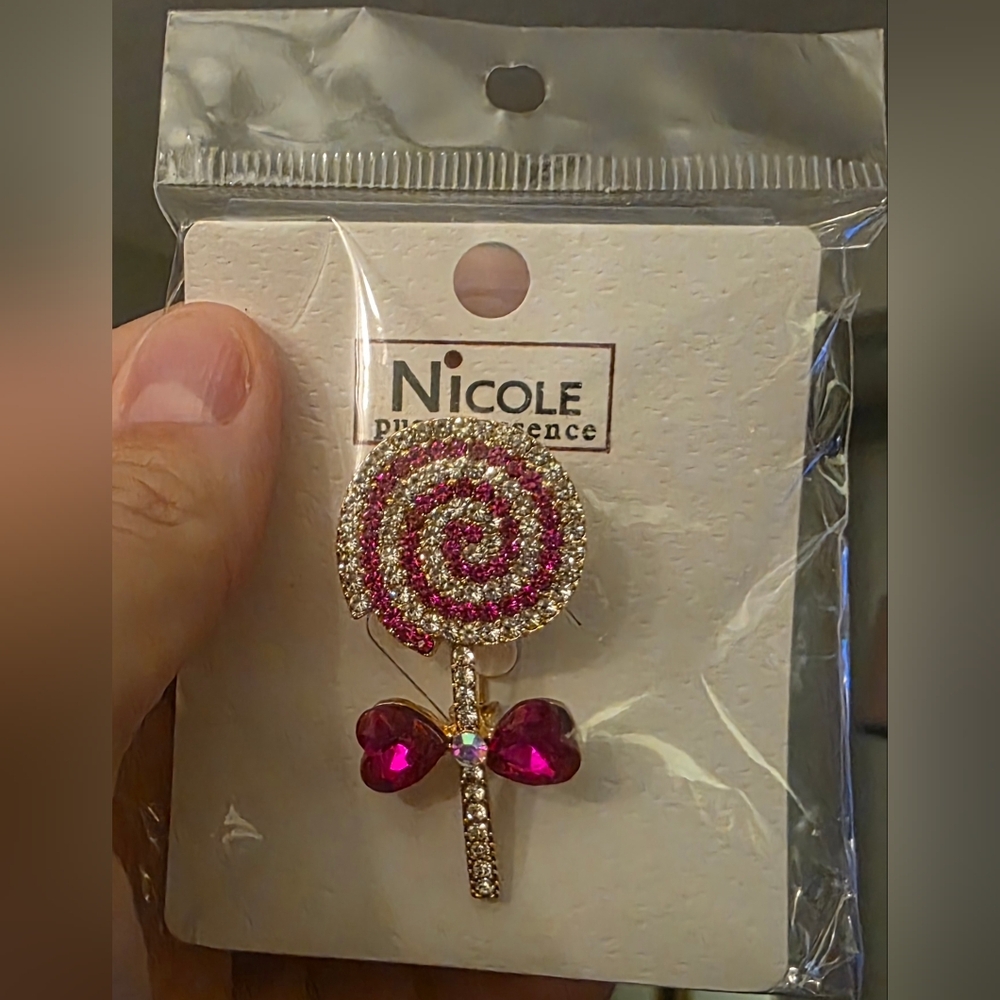 Pink and Crystal Gems Lollipop Brooch On Gold Toned Hardware NWT